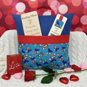 Handmade Super Mario Blue and Red Reading Pillow with Bookmark